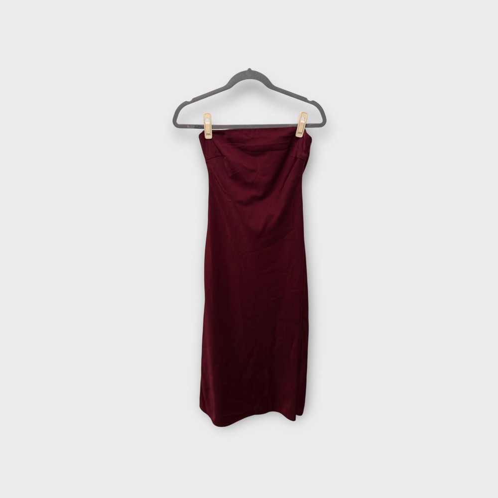 LE‎ LIS Collection Strapless Bodycon Midi Dress XS Burgundy Satin Cocktail